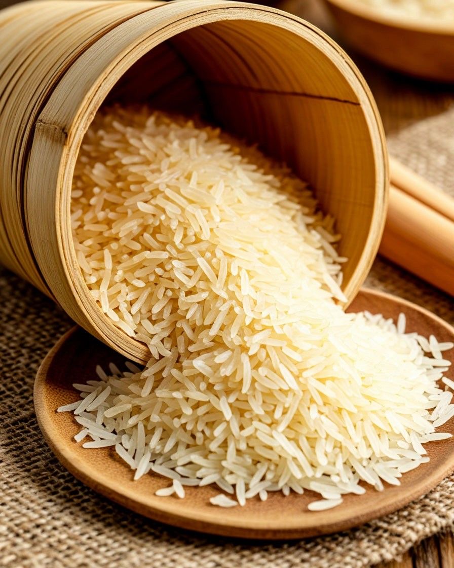 Pure rice grains in a bamboo basket